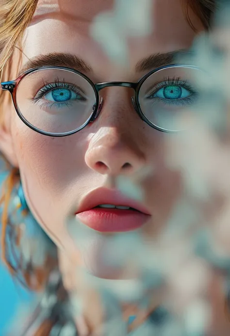 half-body shot, girl in glasses, blue eyes, focus, intricate, elegant, highly detailed, fine detail, colorful, cinematic, bright colors, sunny, vibrant, background, beautiful, professional, unique, winning, attractive, gorgeous, creative, positive, cute, f...