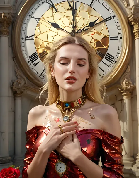 In a surreal, dream-like setting reminiscent of a Dali painting, the woman known as B3LL4T stands alone against an ethereal backdrop of melting clocks and distorted landscapes. Her gaze is fixed intently on a single, vibrant red rose that she cradles delic...