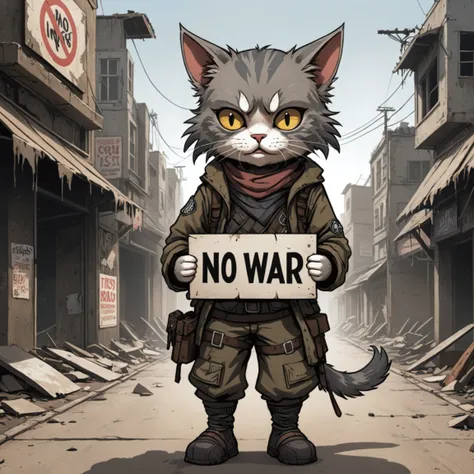 anime art , vector art of an old cat inside a destroyed street , wearing post apocalyptic outfit, holding sign text: "no war"