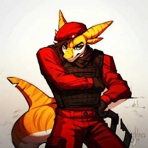 score_9, score_8, score_8_up, source_furry, rating_safe, MihanaShark, anthro shark, standing, red uniform, white background