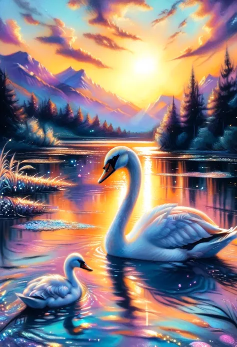 pastelpixie, a swan on a lake, sunset