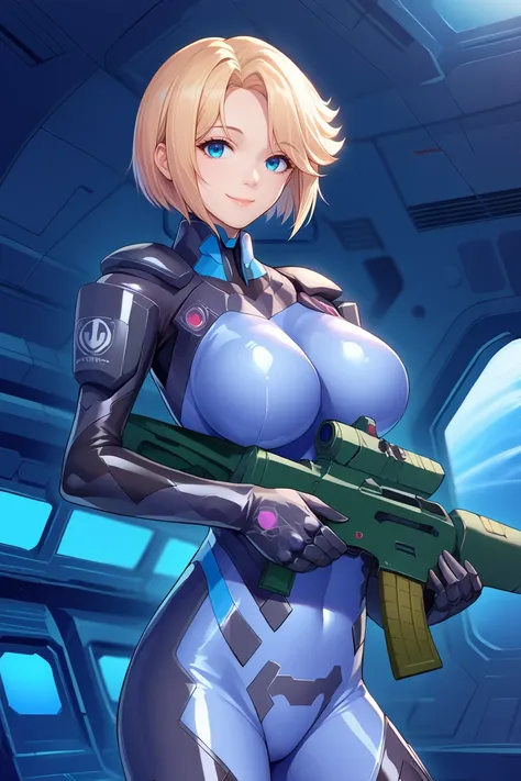 score_9, score_7_up, source_anime, cowboy shot, looking at viewer, smile, mlstl, short hair, large breasts, bodysuit, pilot suit, skin tight, armored gloves, armored boots, holding, assault rifle, science fiction, indoors, spacecraft, <lora:Hoseki_MuvLuvAl...