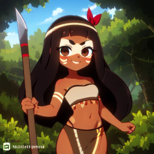 <lora:nayra_tunche:1>, nayra_tunche, 1girl, tribal, solo, long hair, spear, polearm, dark skin, weapon, dark-skinned female, black hair, smile, tube top, outdoors, tree, holding, day, facepaint, brown eyes, nature, bandeau, brown hair