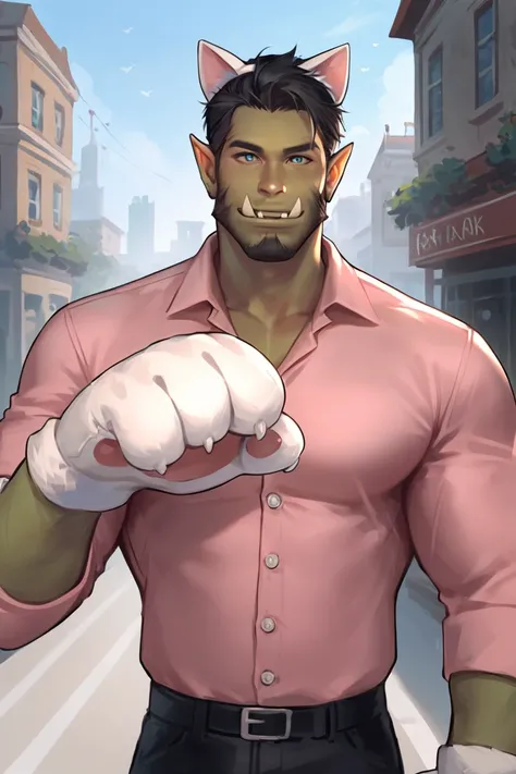 score_9, score_8_up, score_7_up, rating_safe, orc, green skin, tusks, facial hair, beard, mustache, black hair, blue eyes, pink shirt, collared shirt, long sleeves, black pants, muscular, 1boy, solo, male focus, mature male, fake animal ears, animal ears, ...