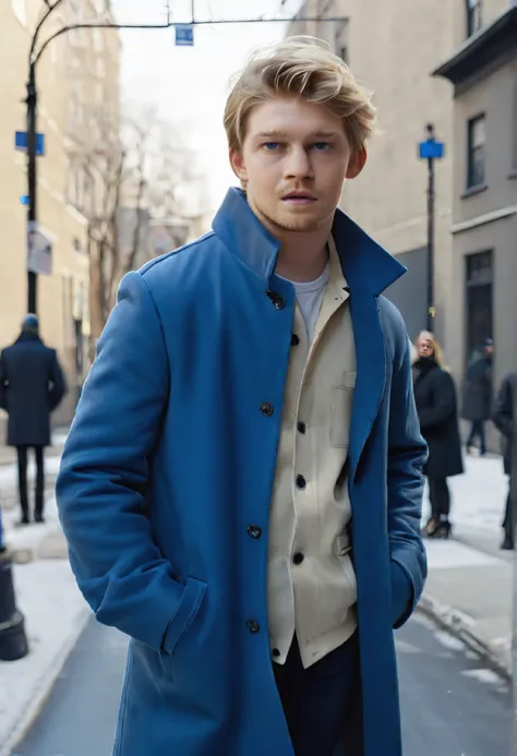 <ckpt:ZavyChroma.safetensors>, <ckpt:Fluently.safetensors>, <lora:JoeAlwyn.safetensors:1.2>, Photograph of Joe Alwyn, J034lwyn, blonde hair, blue eyes, long coat, standing on street corner, waiting for the light to change, Raw photo, Canon EOS R3