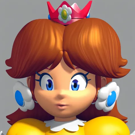 red crown, short puffy sleeves, blue eyes, short brown hair, yellow dress, Daisy, flower earrings