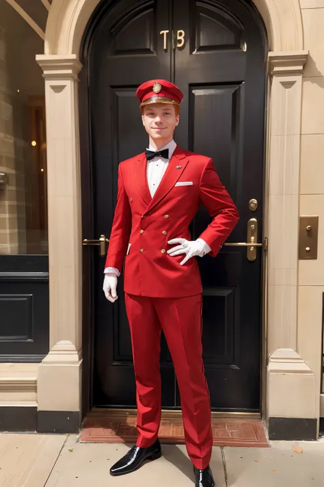 New York City, entrance to Bayeux Arts style hotel building, standing on the sidewalk beside the door, smiling, ginger hair, DacotahRed is a doorman, wearing ((red doorman uniform)), white gloves, black dress shoes, red doorman cap,  (((full body portrait)...