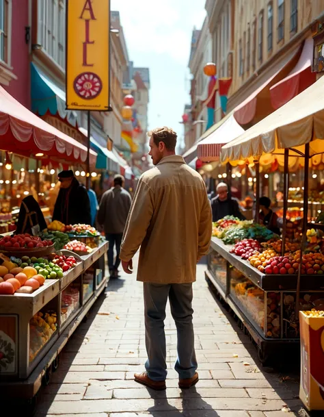 score_9, score_8_up, score_7_up, midjourneylora, man standing in street market