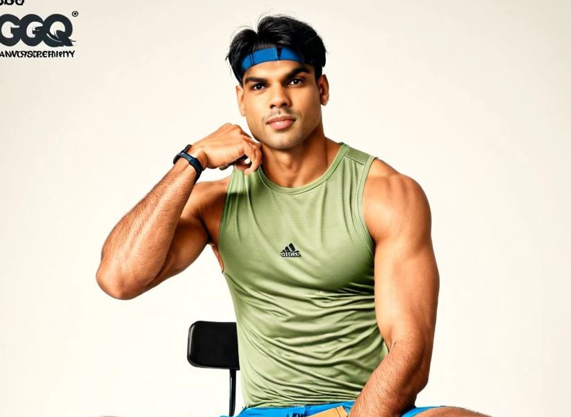 Neeraj Chopra a man <lora:Neeraj-Chopra:1> wearing a tanktop and shorts and sneakers, fashion photography, editorial, gq magazine, relaxed confident expression, sitting on a stool, posing against a white background, 8k, ultra-realistic,  highly detailed,