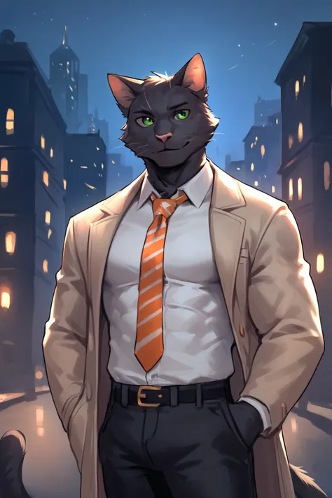 score_9, score_8_up, score_7_up, rating_safe, source_furry, anthro, furry, black cat, cat, black fur, green eyes, white collared shirt, long sleeves, striped necktie, orange necktie, beige coat, black pants, muscular, 1boy, solo, male focus, mature male, l...