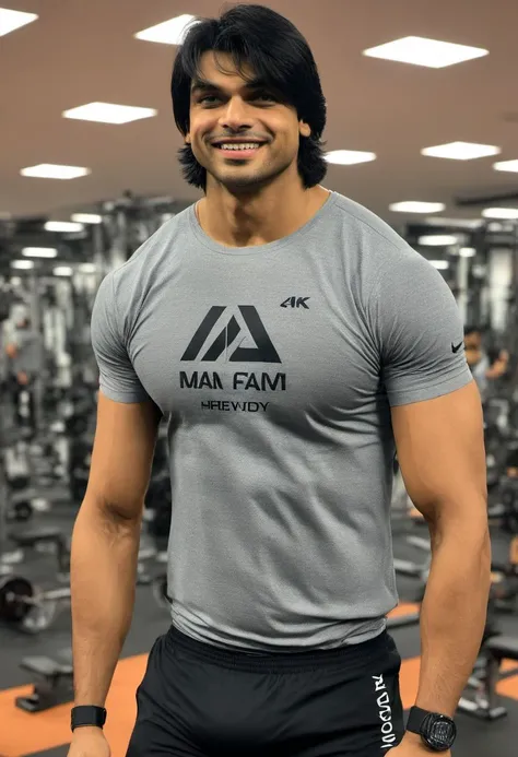 4k, Neeraj Chopra a man <lora:Neeraj-Chopra:1> in the gym, sweaty, muscular, abs, pecs, slight smile, back to camera, flexing, guys in the background admiring him.