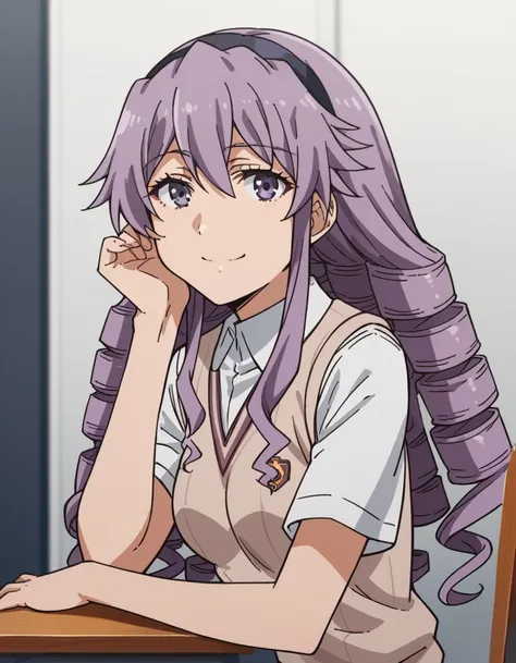 score_9, score_8_up, score_7_up, source_anime, <lora:junko-hokaze-s3-ponyxl-lora-nochekaiser:1>, junko hokaze, long hair, purple eyes, purple hair, hairband, drill hair,, skirt, school uniform, sweater vest, tokiwadai school uniform, brown sweater vest,, i...