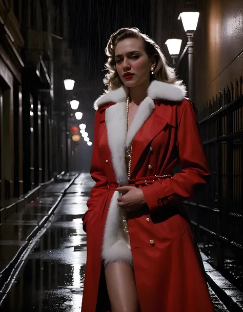 In a noir-inspired scene set in the neon-lit rainy streets of 1940s San Francisco, M4J0B, a captivating woman clad in a vibrant red trench coat with a contrasting white fur collar, her hair slicked back and adorned with a string of pearls, stands at the ed...