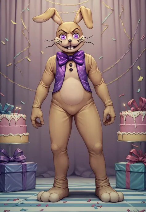 score_9, score_8_up, score_7_up, detailed, glitchtrap, 1boy, solo, full body, rabbit ears, rabbit tail, bowtie, vest, purple eyes, BREAK, birthday party