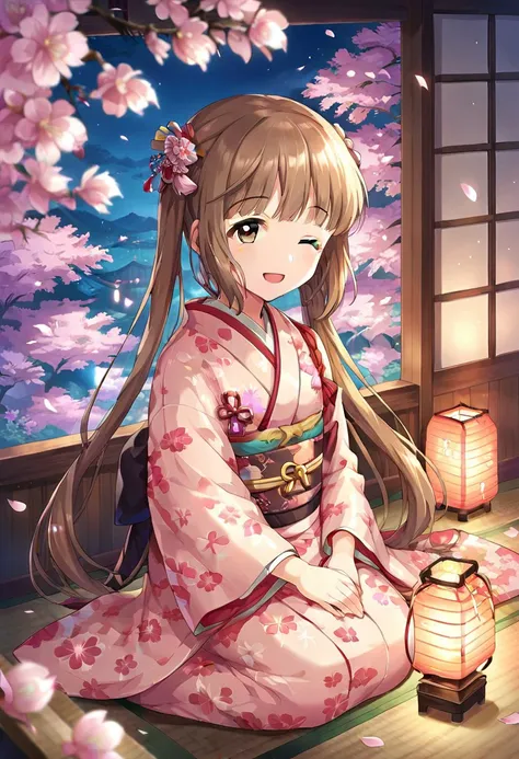 score_9, score_8_up, score_7_up, source_anime,yorita yoshino, brown hair, brown eyes, long hair, 1girl, one eye closed, japanese clothes, twintails, solo, smile, kimono, lantern, sitting, open mouth, cherry blossoms, hair ornament