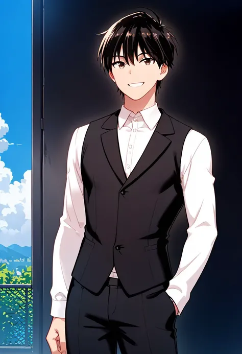 Score_9, Score_8_up, Score_7_up, source_anime, highly detailed, 1 boy, alone, jin mazama, short hair, black hair, (brown eyes: 1.2), pants, shirt, black vest, black pantsuit, white shirt, smile,