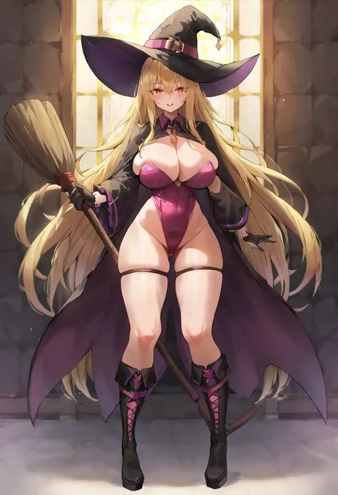 score_9, score_7_up,  1girl, 
huge breasts, wide hips, thick thighs, breasts, holding, hair between eyes, open mouth, black gloves, solo, blush, smile, black footwear, gloves, full body, very long hair, alternate body size, blonde hair, curvy, long hair, w...