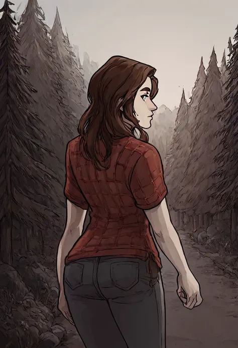 score8,Stella_SH,brown_hair, long hair,solo,1girl,jeans,red plaid shirt, hiking, woods,back view, looking over shoulder,looking back