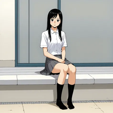 <lora:KZ_RihoIidaXLpony002>,
solo,
RihoIida,1girl,black hair,long hair,black eyes,
dress_shirt,short_sleeves,
pleated_skirt,
black socks,knee length socks,
outdoors,
full body,sitting,