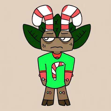 score_9, score_8_up, score_7_up, score_6_up, score_5_up, score_4_up, candycanebox /(urbanlegendwiki/), solo, male, annoyed, tired eyes, red shirt, green shirt, t-shirt, multicolored shirt, candy cane, food creature, horns, candy cane horns, brown hooves, l...