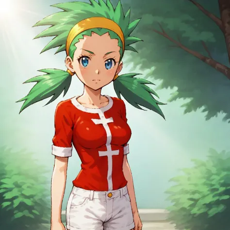 score_9, score_8_up, score_7_up, BREAK, solo, sumairu, green hair, blue eyes, twintails, medium breasts, red shirt, white shorts, outdoors, sunlight, shadows, natural lighting,