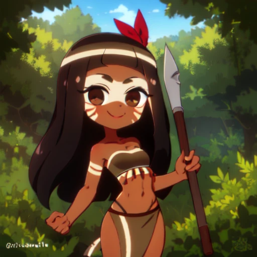 <lora:nayra_tunche:1>, nayra_tunche, 1girl, tribal, solo, long hair, spear, polearm, dark skin, weapon, dark-skinned female, black hair, smile, tube top, outdoors, tree, holding, day, facepaint, brown eyes, nature, bandeau, brown hair