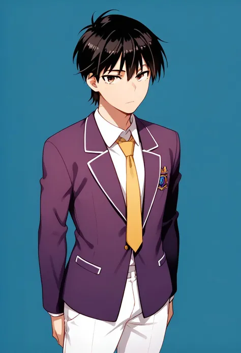 Score_9, Score_8_up, Score_7_up, source_anime, highly detailed, 1 boy, alone, jin mazama, short hair, black hair, (brown eyes: 1.2), pants, school uniform, purple jacket, male uniform, white pants, shirt, purple shirt, long sleeves, tie, yellow tie, brown ...