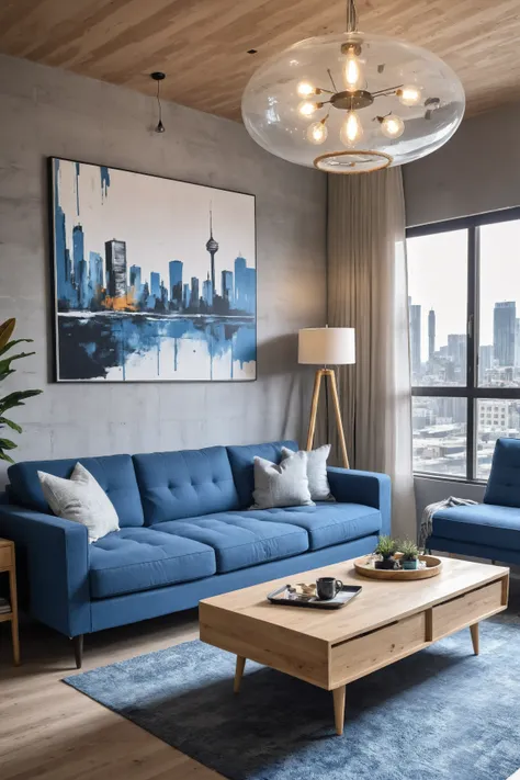 RAW photo, high contrast, living room with a rustic wooden ceiling, large modern lamp with exposed bulbs, gray textured walls a large painting of a cityscape above a blue sofa blue sofa with assorted pillows, light wooden coffee table with a book and a cup...