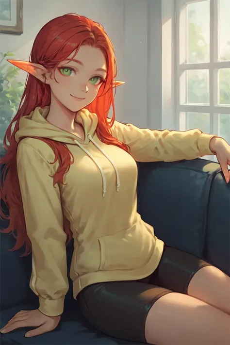 score_9, score_8_up, score_7_up, rating_safe, elf, pointy ears, red hair, long hair, green eyes, yellow hoodie, bike shorts, smile, 1girl, solo, looking at viewer, cowboy shot, sitting, on couch, couch, indoors, living room <lora:NAI3 Smooth Boys Colored S...