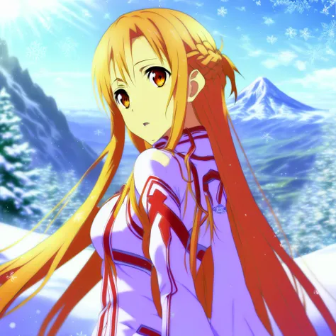 ((asuna)), ((masterpiece)), highres, asuna (sao), crown braid, light orange hair, looking at viewer, mountain, dutch-angle, snow, snowflakes