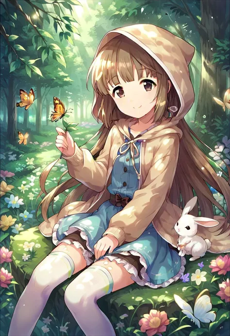 score_9, score_8_up, score_7_up, source_anime,yorita yoshino, brown hair, brown eyes, long hair, 1girl, flower, rabbit, thighhighs, hood, bug, smile, nature, butterfly, solo, tree