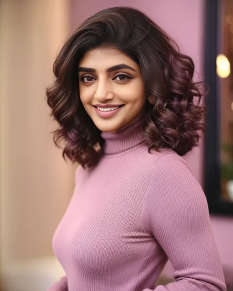 upper body photo of Sreeleela woman, solo, curls hair cut, smile, looking at the camera,  Mauve turtleneck sweater, , contrasting background bokeh,  skindentation,  <lora:Sreeleela_SDXL_LoRA_prodigy_local_xformers_HNE:1>