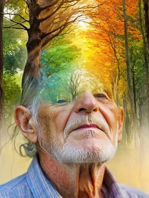 free flowing, high definition, color theory, stunning, sharp focus, close up of head, portrait of a old man,  double exposure style, trees , amora-style <lora:antonio-mora-style:1>