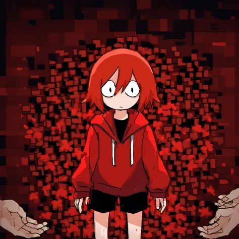 <lora:Meme-chan:1> red hair, red hoodie, short hair, black shorts, black eyes