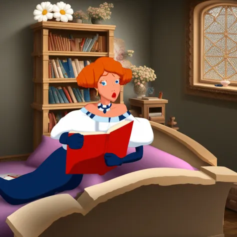 flower, :o, bookshelf, gloves, flower earrings, bed, puffy short sleeves, couch, lips, off shoulder, open book, indoors