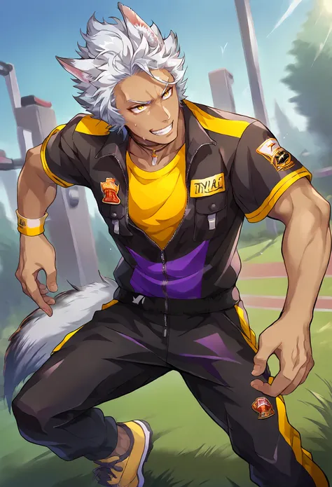 score_9, score_8_up, score_7_up, 
(j(4ckgym)), j4ckh0wl, animal ears, wolf ears, wolf tail, white hair, yellow eyes, 1boy, male focus, animal ears, dark-skinned male, solo, dark skin, 
black jacket, yellow shirt, black sweatpants, zipper pull tab, pocket, ...