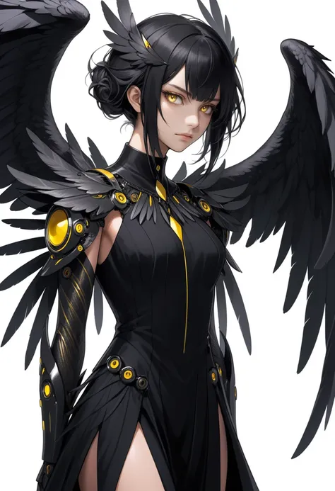 female,wings,mechanical wings,small breasts,black hair,corvid,yellow eyes,(humanoid face),large wings,spread wings,winged humanoid,open-back dress,side slit,white background,standing,contrapposto,slight frown,half closed eyes,looking ahead,feather hair,fea...