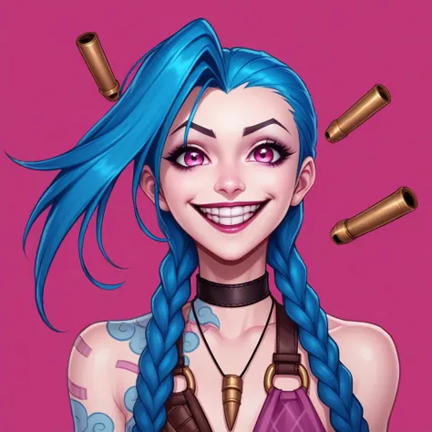 Jinx, League of Legends, 1girl, solo, long hair, smile, teeth, braid, blue hair, twin braids, jewelry, bangs, pink eyes, bare shoulders, open mouth, bullet, necklace, grin, twintails, asymmetrical bangs, choker, portrait, looking at viewer, pink background...