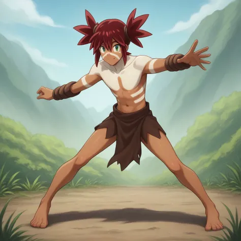 score_9, score_8_up, score_7_up,full-length portrait, dynamic pose, perfect anatomy, source_anime, highly detailed, 1boy, solo, male_focus, slender, skinny, cute, dark skin, bodypaint, 1boy, male focus, loincloth, green eyes, topless, smile, outdoors, red ...