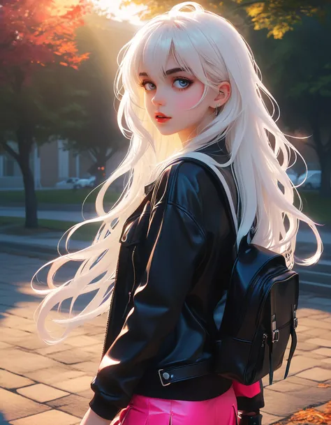 Positive prompt:
anime artwork dawn, beautiful young woman, hyper detailed eyes, long white hair, walking across college campus, mist, small backpack, bangs partially cover her eyes, mysterious. Edgy trendy clothing, hot pink, black leather, graphic concer...