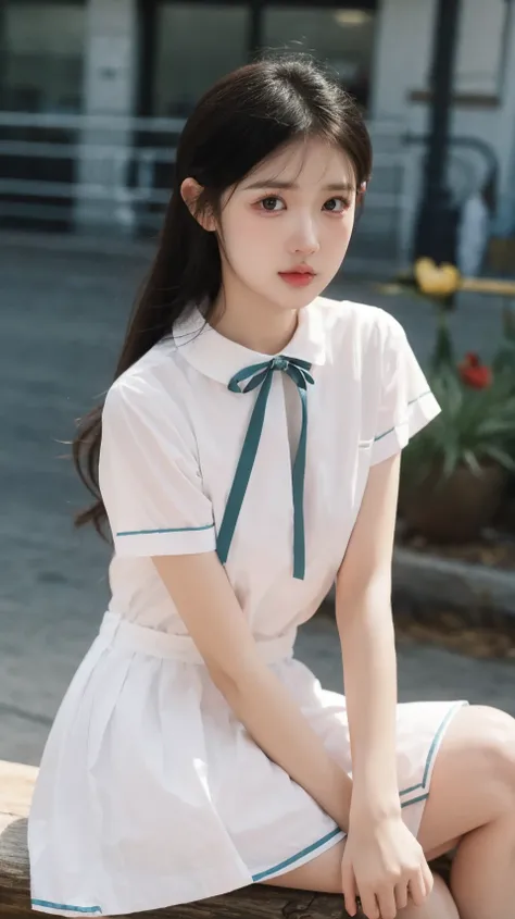 masterpiece,best quality,bright colors,photo,(1girl:1.3),(sitting:1.3),(looking at viewer:1.4),Elegant,detailed gorgeous face,realistic,(cowboy shot:1.3),citynight,outdoors,,MIS,neck ribbon,white school uniform,,<lora:MIS111:0.75>,<lora:hote:0.8>