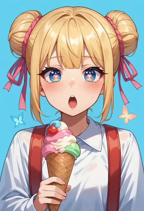 score_9, score_8_up, score_7_up, score_6_up, 1girl, alternate costume, alternate hairstyle, artist name, blonde hair, blue background, blush, butterfly-shaped pupils, chestnut mouth, cowboy shot, double bun, food, hair bun, hair ribbon, holding, holding ic...