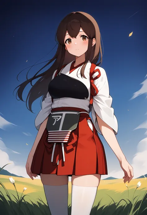 score_9, score_8_up, score_7_up, score_6_up, score_5_up, score_4_up, source_anime, aaakagi, long hair, brown hair, brown eyes, japanese clothes, muneate, tasuki, hakama skirt, red hakama, white thighhighs, <lora:akagi_(kancolle)_ponyxl_v1:0.9>, standing, c...