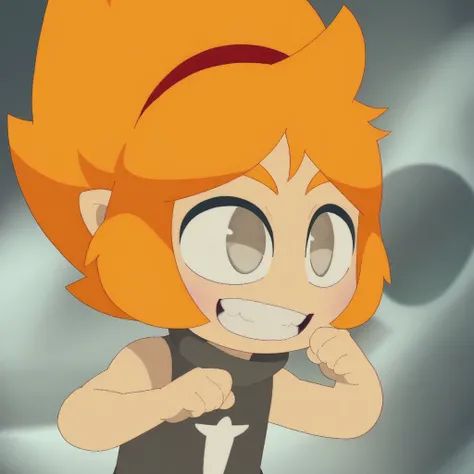 1girl, solo, small body,female child orange hair, hairband, sleeveless, upper body, smile, teeth showing, grey eyes, brown eyes