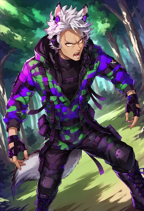 score_9, score_8_up, score_7_up,
j4ckbeans, j4ckh0wl, animal ears, wolf ears, wolf tail, white hair, yellow eyes, 1boy, male focus, animal ears, dark-skinned male, solo, dark skin,
tactical clothes, long sleeves, camouflage jacket, open jacket, black shirt...