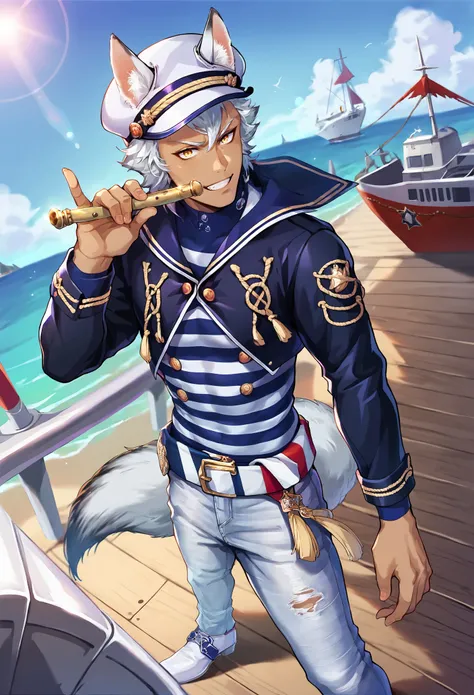 score_9, score_8_up, score_7_up, 
j4ckportb, j4ckh0wl, animal ears, wolf ears, wolf tail, white hair, yellow eyes, 1boy, male focus, animal ears, dark-skinned male, solo, dark skin, 
blue jacket, tassel, striped shirt, torn pants, belt, white footwear, den...