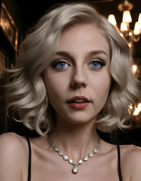 In a noir-inspired, dimly lit speakeasy nestled within the heart of 1920s New York City, the camera captures a striking close-up of KR15T1L3Y, her platinum blonde hair cascading down in voluminous waves, adorned with an exquisite collection of diamond and ...