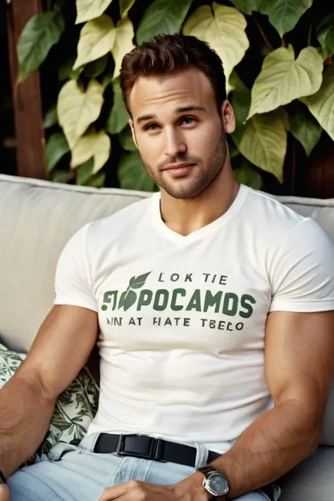 side view, full body view, analog film photo,1 actor, Ryan Guzman a man <lora:Ryan-Guzman:1> ,muscular,((stubble:1.3)),having sec on cozy sofa,((looking at the camera:2)), a white shirt with a leaf-like pattern, carrying a backpack on one shoulder, outdoor...