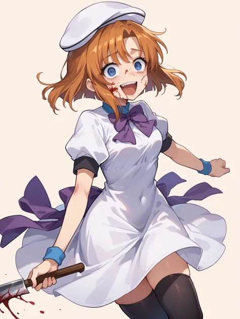 score_9, score_8_up, score_7_up,source_anime,BREAK,
Ryuuguu_rena, beret, black thighhighs, bowtie, dress, hat, puffy short sleeves, puffy sleeves, purple bowtie, short sleeves, thighhighs, white dress
laughing, crazy eyes, cleaver, blood on face, blood on ...