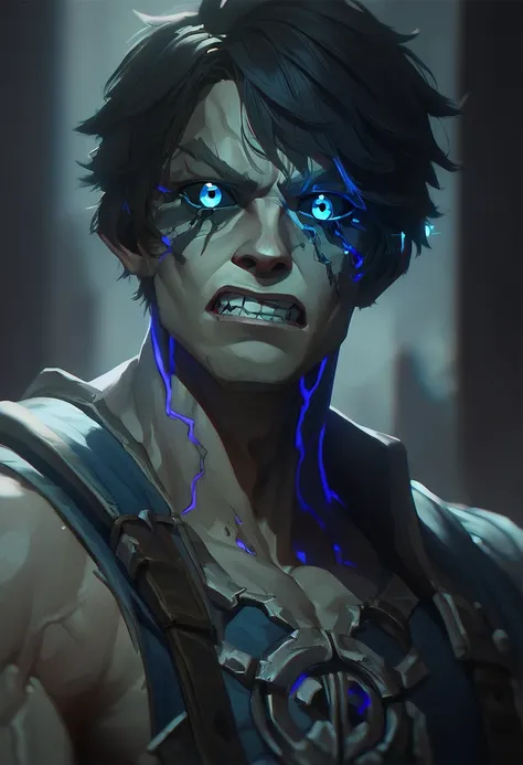 score_9, score_8_up, score_7_up, score_6_up, arkn, detailed drawing, 1boy, male focus, short hair, teeth, solo, bangs, black sclera, veins, colored sclera, glowing, blue eyes, clenched teeth, upper body, glowing eyes, mutant, muscular